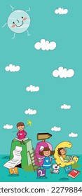 The cartoon school student standing at the school gate, with his vertical illustrations, guides students' dreams and helps them learn.