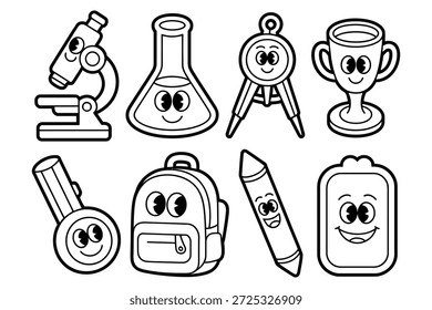 Cartoon Schulbedarf mit Gesichtern Mikroskop Kolben
