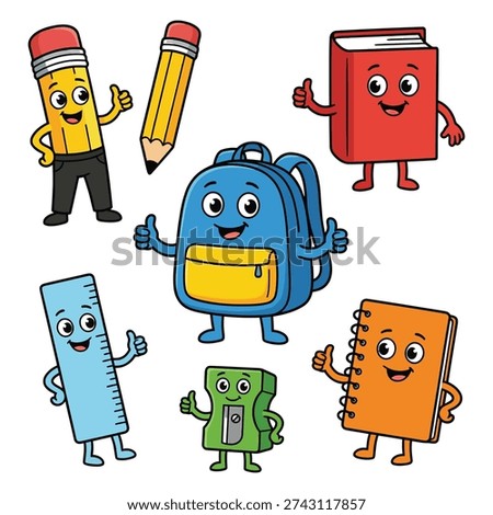 Cartoon school supplies with happy faces giving thumbs up