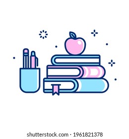 Cartoon school supplies illustration. Stack of books, apple and pens. Back to school symbol. Simple flat line icon.