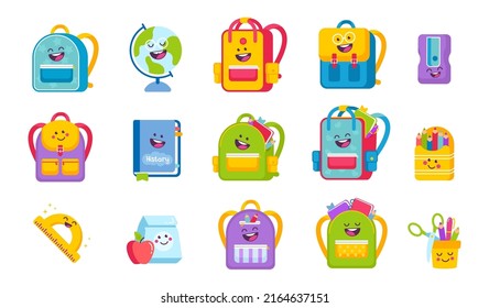 Cartoon school supplies kawaii set. Back to school concept of icons collection with preschool tools with smiling faces. Backpack, books, stationery emoji. Vector illustration