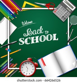 Cartoon School supplies on chalkboard background