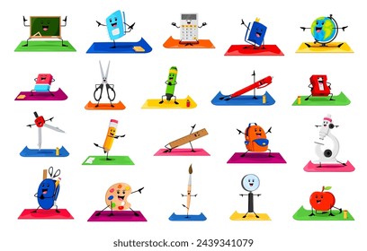 Cartoon school supply characters on yoga fitness sport. Vector blackboard, notebook, calculator and textbook. Globe, eraser, scissors, felt-tip pen and pencil sharpener with pen. Compass, ruler, loupe