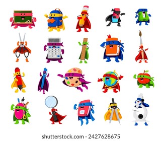 Personajes de superhéroes y defensores de suministros escolares de dibujos animados. Pizarra de vector aislado, mochila, lápiz y borrador. Afilador, tijeras, calculadora y regla con libro de texto. Pincel, lupa y compás