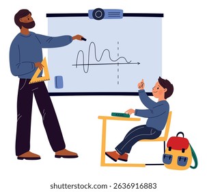 Cartoon school teacher. Math lesson mentor. Lecturer explaining algebra formula at whiteboard. Schoolchild sitting at desk. Student in classroom. People teach physics and chemistry. Vector concept