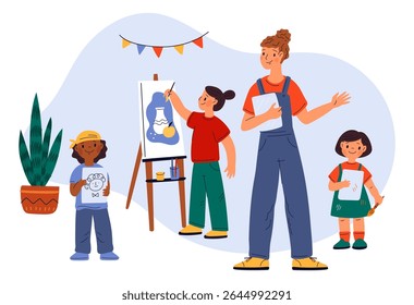Professores de desenhos animados. Lições de mentores diferentes. Profissionais com atributos de assuntos. Processo educacional. Pessoas ensinando criatividade em sala de aula. Oficina de arte
