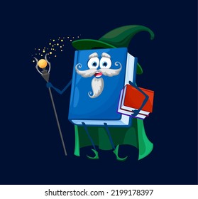 Cartoon school textbook wizard, mage, warlock or sorcerer character. Cute vector book personage wear cloak and witch hat holding magic staff and spellbooks. Isolated funny alchemist bestseller