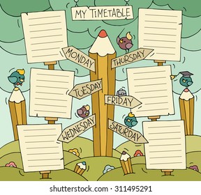 Cartoon school timetable with little cute bird character and signpost. Set of days of week. Schedule of lessons for students. Hand drawn Vector illustration. 