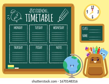 Cartoon school timetable on chalkboard with text template and cute backpack and globe characters smiling - flat vector illustration poster.