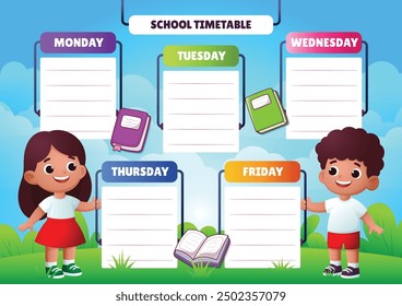 Cartoon school timetable, two indonesian students with beautiful nature landscape