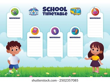 Cartoon school timetable, two kids with beautiful nature landscape