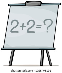 Cartoon school whiteboard for mathematic with two plus two numbers and question mark. Vector icon.