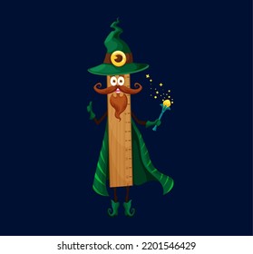 Cartoon school wooden ruler mage, wizard or warlock character. Isolated vector smiling scale Halloween personage wear green cloak and witch hat with magic wand. Funny straightedge measurement tool