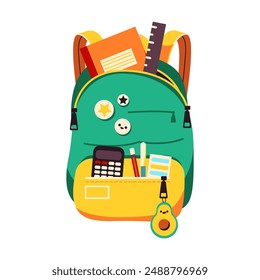 Cartoon schoolbag with copybook and stationery on white background. Illustration features educational supplies ideal for student-themed graphics