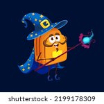 Cartoon schoolbag wizard, mage or warlock character. Cute vector school bag in witch hat and cape with stars holding staff. Funny backpack personage with smiling face wear Halloween astrologer costume