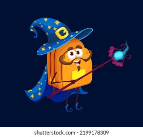 Cartoon schoolbag wizard, mage or warlock character. Cute vector school bag in witch hat and cape with stars holding staff. Funny backpack personage with smiling face wear Halloween astrologer costume