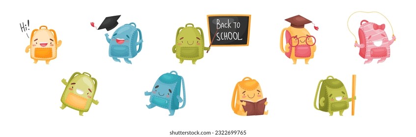 Cartoon Schoolbags or School Rucksack Character Vector Set