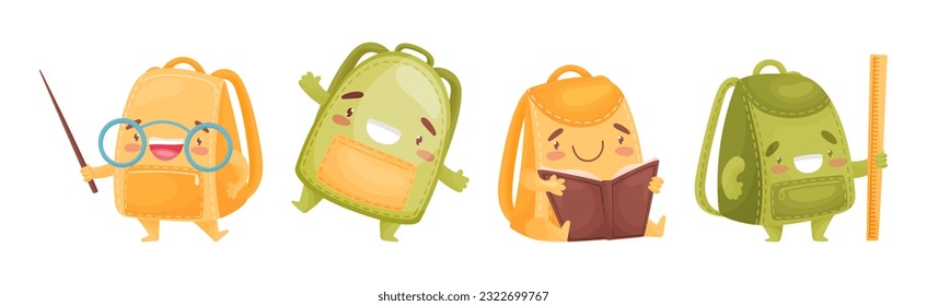 Cartoon Schoolbags or School Rucksack Character Vector Set