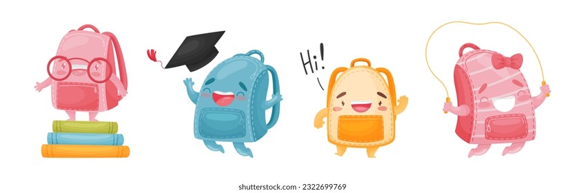 Cartoon Schoolbags or School Rucksack Character Vector Set