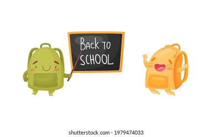 Cartoon Schoolbags or School Rucksack Jumping with Joy and Standing Near Blackboard with Pointer Vector Set