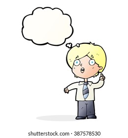 cartoon schoolboy answering question with thought bubble