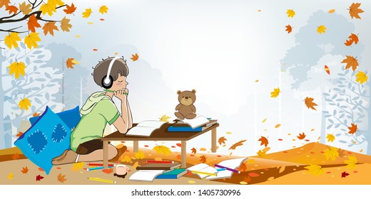 Cartoon of Schoolboy with big headphones listening to music while doing school homework. Vector illustration of Child deep in thoughts enjoys the music sitting in Autumn field with maple leave falling