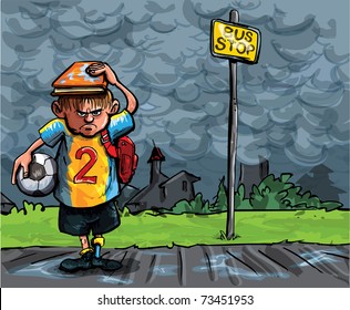 Cartoon Of Schoolboy Caught In The Rain. He Is Waiting For The School Bus