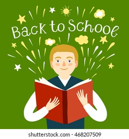  Cartoon schoolboy holding a book. Including back to school title. Education illustration for your design.