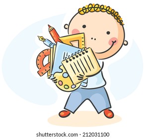 Cartoon schoolboy with lots of school things