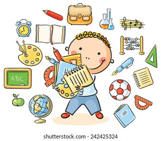 Cartoon schoolboy with lots of school things representing different school subjects