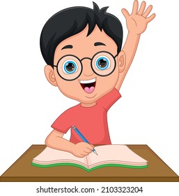 Cartoon Schoolboy Raising Hand On White Stock Vector (Royalty Free ...