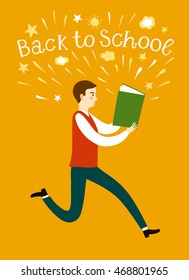 Cartoon schoolboy running with  a book. Including back to school title. Education illustration for your design.