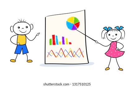 Cartoon schoolboy and schoolgirl home wrok presentation at classroom. Students presenting a graph and chart on lecture in university. Vector illustration
