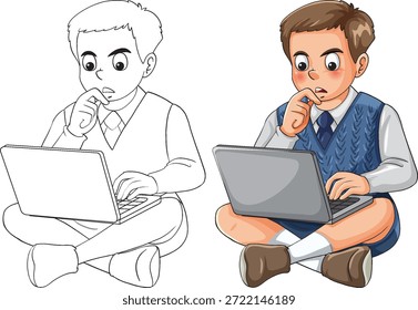 Cartoon schoolboy sitting cross-legged using laptop, colored and outline versions, isolated white background