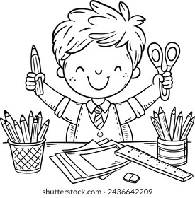 Cartoon schoolboy sitting at the table and making crafts. Line art vector illustration. Coloring book page for children