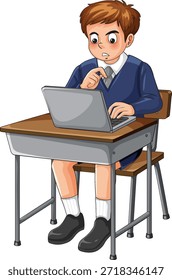 Colegial de la historieta en uniforme que trabaja en el ordenador portátil en el escritorio de madera, fondo blanco aislado