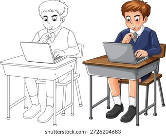Cartoon schoolboy in uniform working on laptop at desk, colored and outline versions