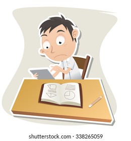 Cartoon schoolboy using digital tablet while studying in classroom.