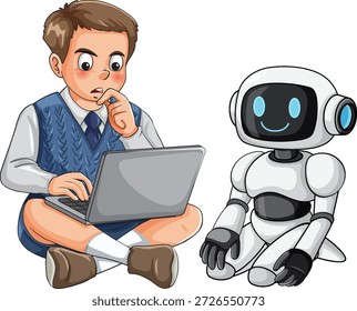Colegial de la historieta que usa el ordenador portátil al lado del robot sonriente, estilo plano del Vector con el fondo blanco limpio