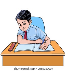 Cartoon of a schoolboy writing in the class.