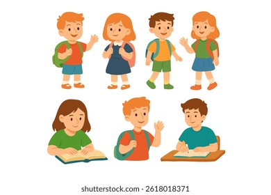 Cartoon schoolchildren clipart set with kids walking, reading, writing and waving. Flat vector illustration for education.