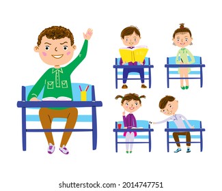 Cartoon schoolchildren vector set. Joyful boys and girls sitting at their school desks.