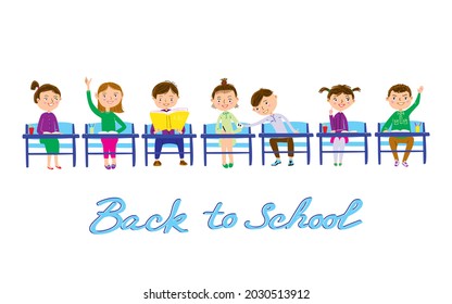 Juego de vectores para escolares de dibujos animados. Jóvenes escolares y escolares sentados en sus escritorios. Volver a la ilustración de vector escolar.