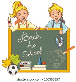 Cartoon schoolgirl and schoolboy at the blackboard and stationery, esp10 