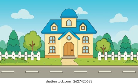 Cartoon Schoolhouse on a Sunny Day with a White Fence and Trees