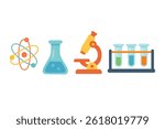 Cartoon science equipment set with microscope, atom, flasks and test tubes. Flat vector illustration for education.