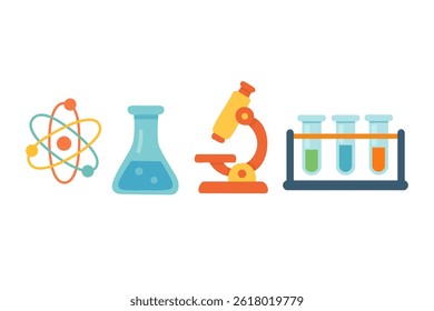 Cartoon science equipment set with microscope, atom, flasks and test tubes. Flat vector illustration for education.