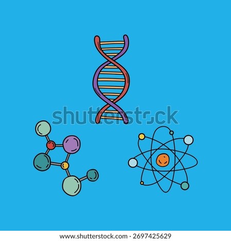 Cartoon science icons including DNA, molecule, and atom float against a bright blue background, offering a playful and educational design element for science-themed projects.