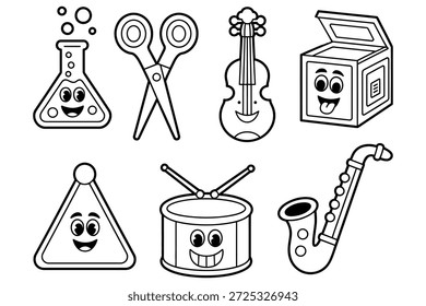 Cartoon science music and toy objects science flask