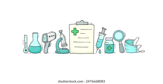 Objetos de caricatura con lista de revisiones médicas. Doodle Ilustración vectorial sobre la medicina aislado sobre fondo blanco.